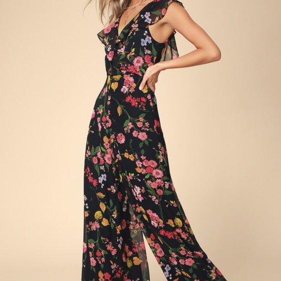 NWT Lulu's Blooming Love Floral Print Ruffled Jumpsuit Black - Picture 15 of 15